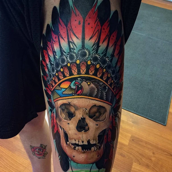 Neo Traditional Skull, Native american headdress tattoo on Thigh