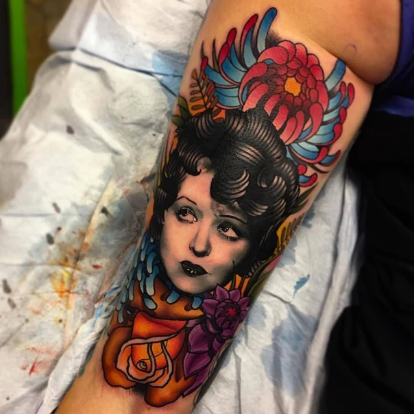 Neo Traditional Portrait, Flowers tattoo on Forearm