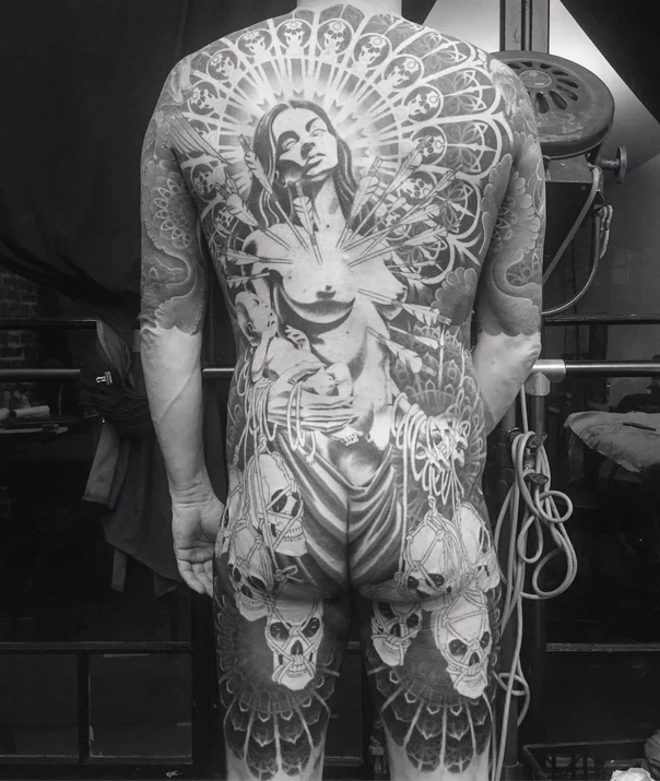 Black & Grey Woman, Skull tattoo on Full Back