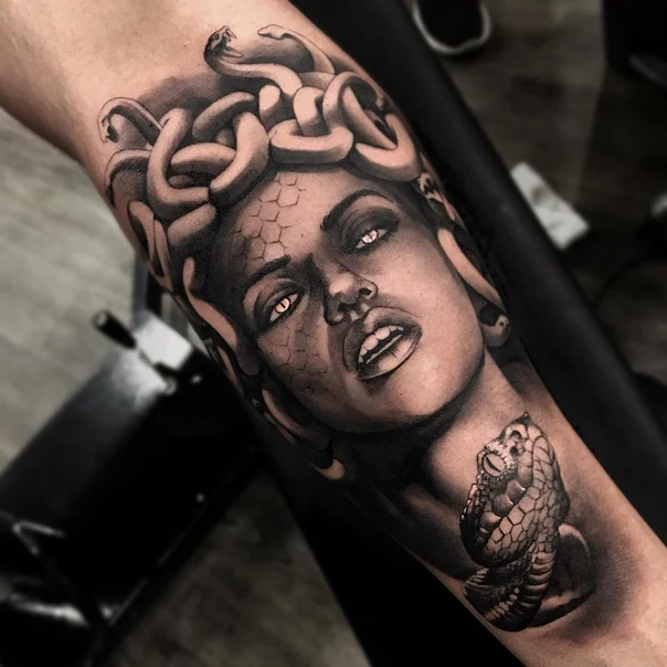 Realism Medusa, Snake tattoo on Forearm