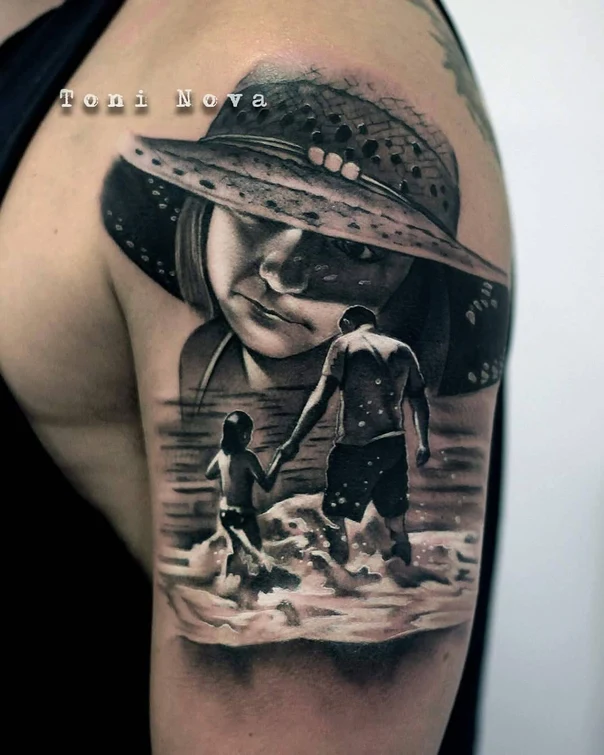 Realism Portrait, Family tattoo on Upper Arm