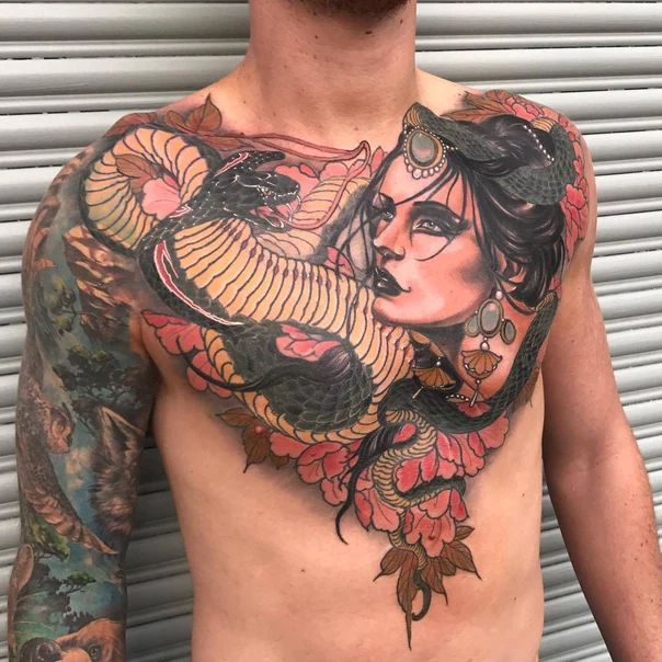 Neo Traditional Snake, Woman tattoo on Chest