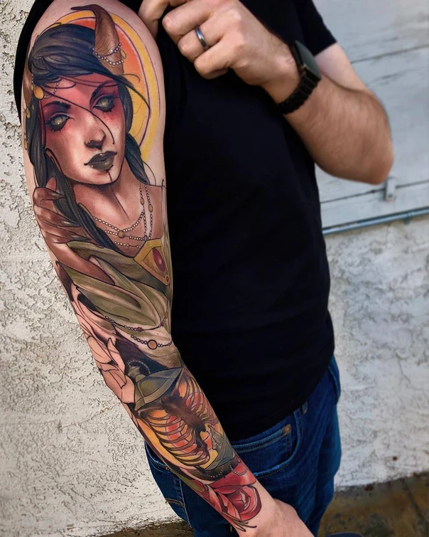 Neo Traditional Woman, Horns tattoo on Full Sleeve