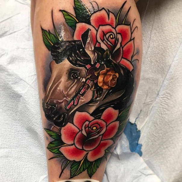 Neo Traditional Horse, Roses tattoo on Calf