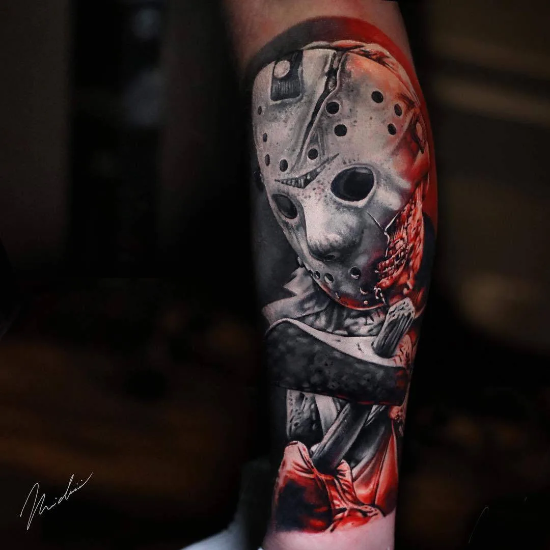 Tattoo artist Michael Cloutier, Jason Voorhees black and grey with red portrait realistic tattoo | Quebec, Canada