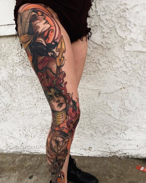 Illustrative Woman, Owl tattoo on Thigh