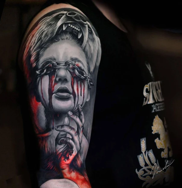 Realism Portrait, Bear tattoo on Full Sleeve