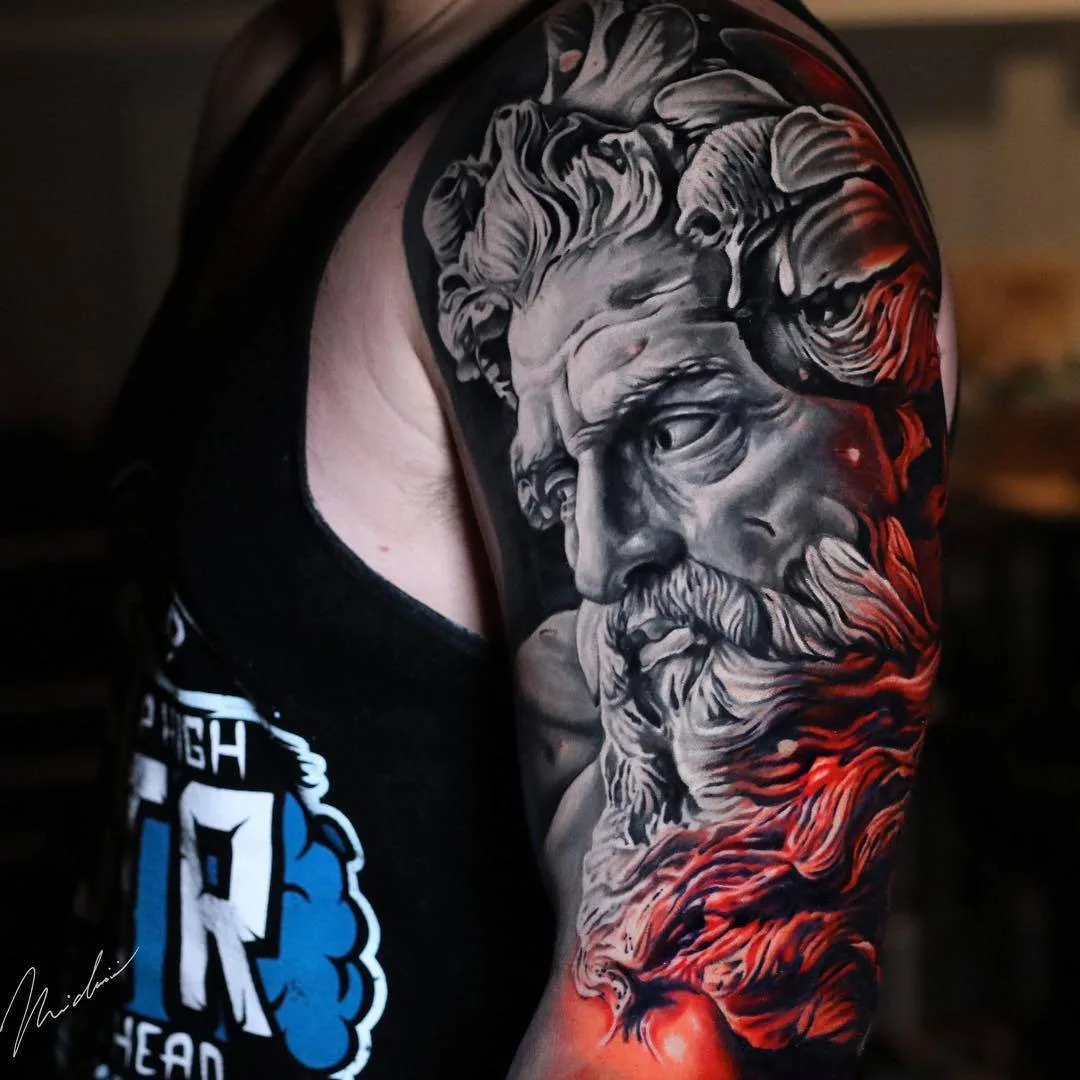 Tattoo artist Michael Cloutier, Poseidon black and grey with red portrait realistic tattoo | Quebec, Canada