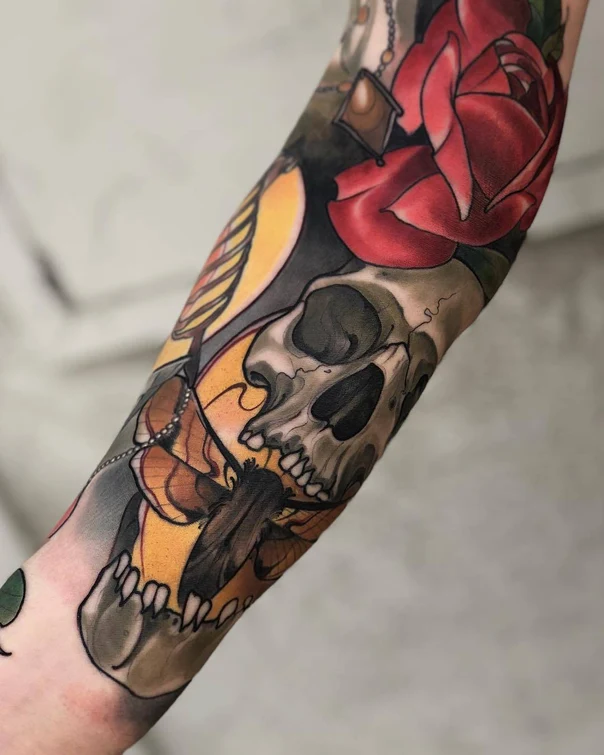 Neo Traditional Skull, Rose tattoo on Forearm