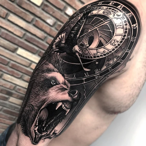 Realism Wolf, Eagle tattoo on Upper Arm