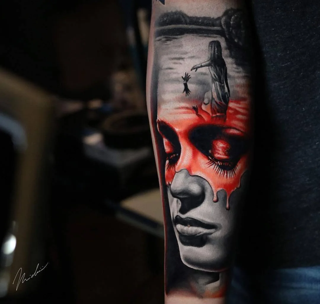 Tattoo artist Michael Cloutier, black and grey with red portrait realistic tattoo | Quebec, Canada