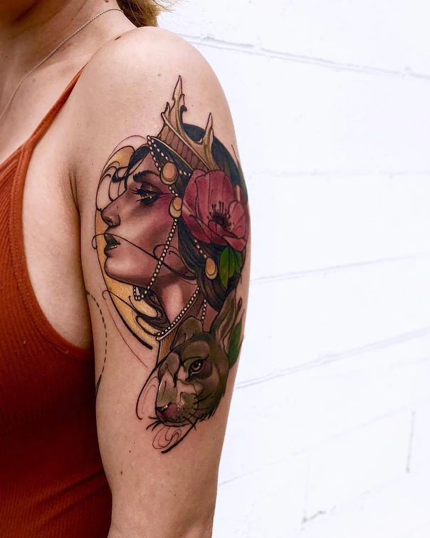 Illustrative Woman, Rabbit tattoo on Shoulder
