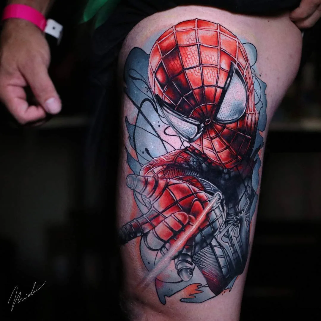 Tattoo artist Michael Cloutier, Spiderman black and grey with red portrait realistic tattoo | Quebec, Canada