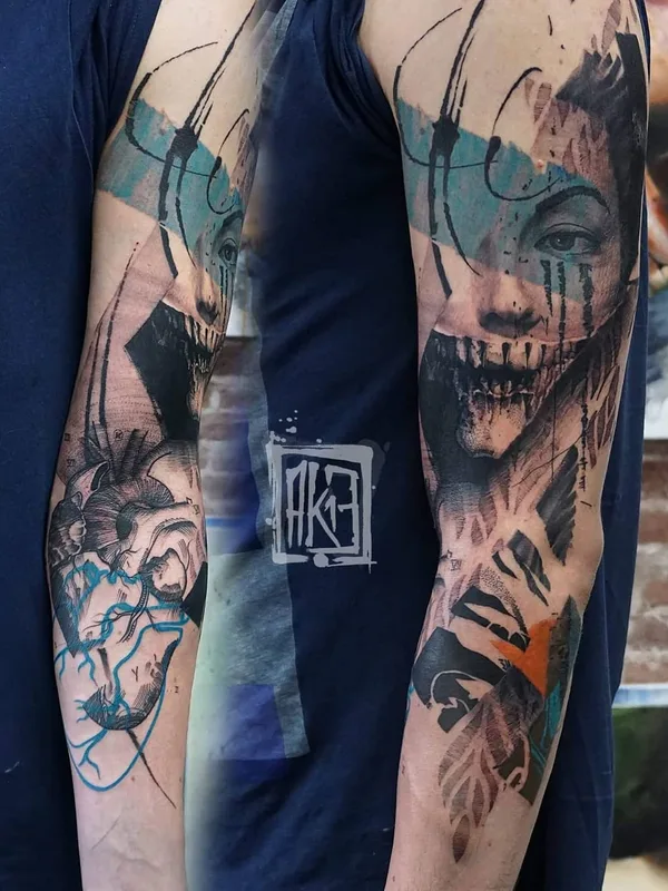 black and grey abstract Tatuaggio su full sleeve #26780 | Tatuatore Artem Korobov