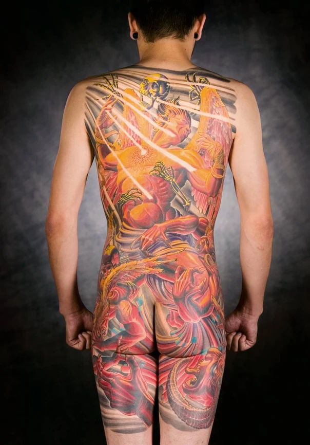 Illustrative Angel, Demon tattoo on Full Back