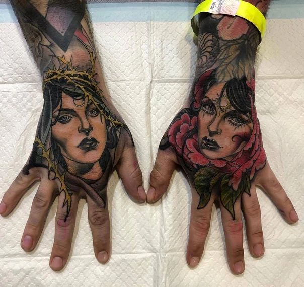 Neo Traditional Face, Rose tattoo on Hand