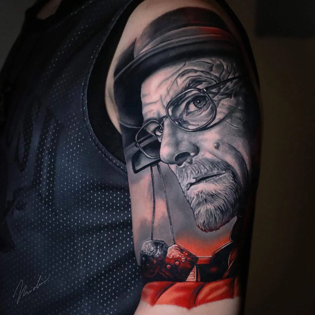 Tattoo artist Michael Cloutier, Breaking Bad black and grey with red portrait realistic tattoo | Quebec, Canada