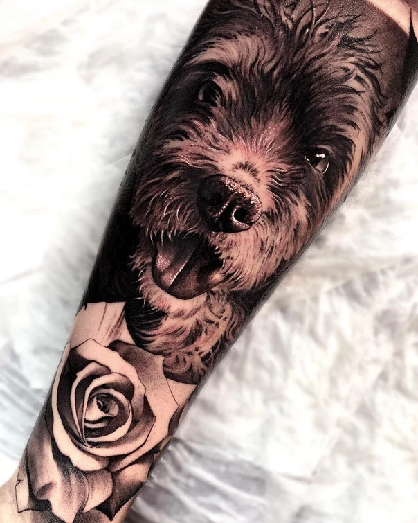 Realism Dog, Rose tattoo on Forearm