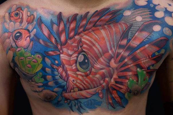 Illustrative Fish, Coral tattoo on Chest