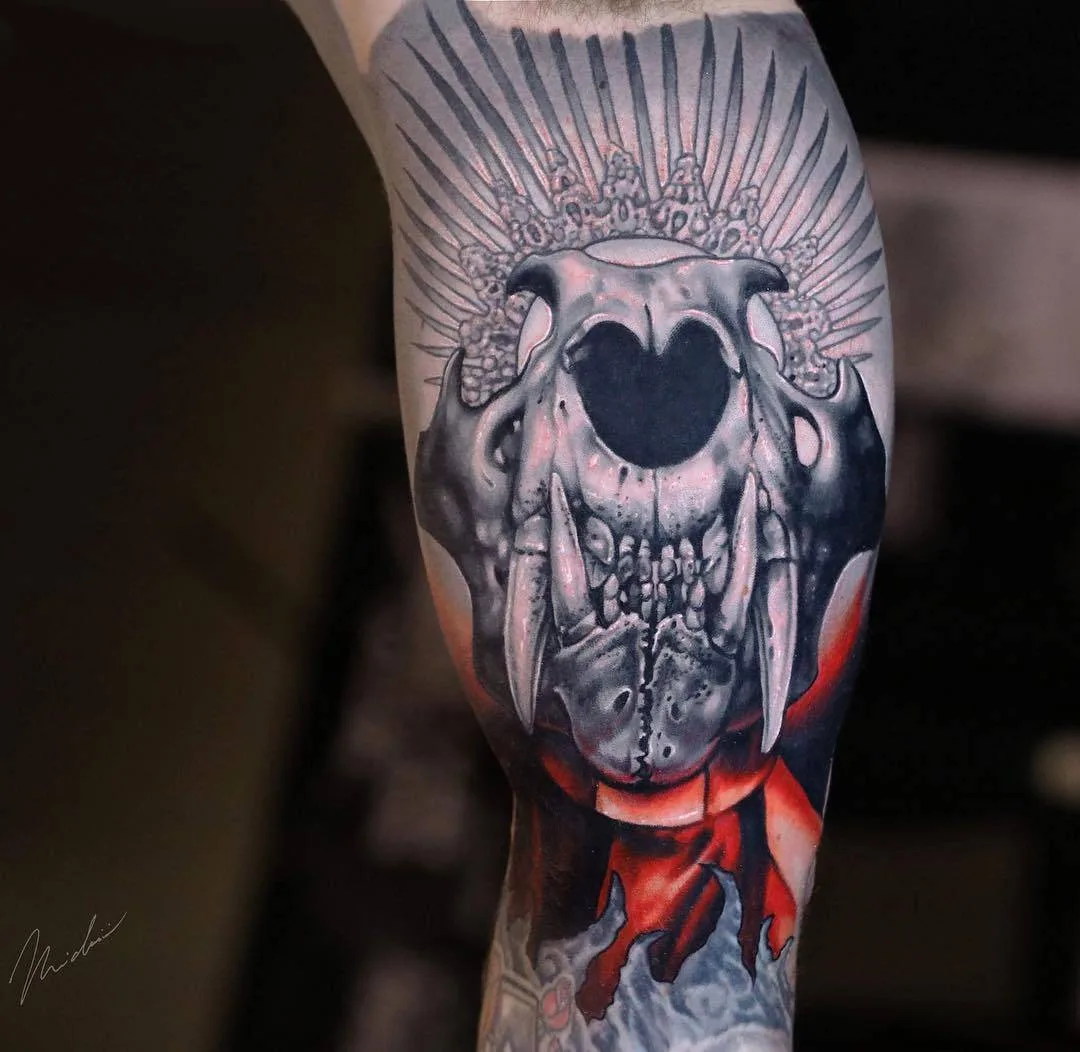 Tattoo artist Michael Cloutier, black and grey with red portrait realistic tattoo | Quebec, Canada