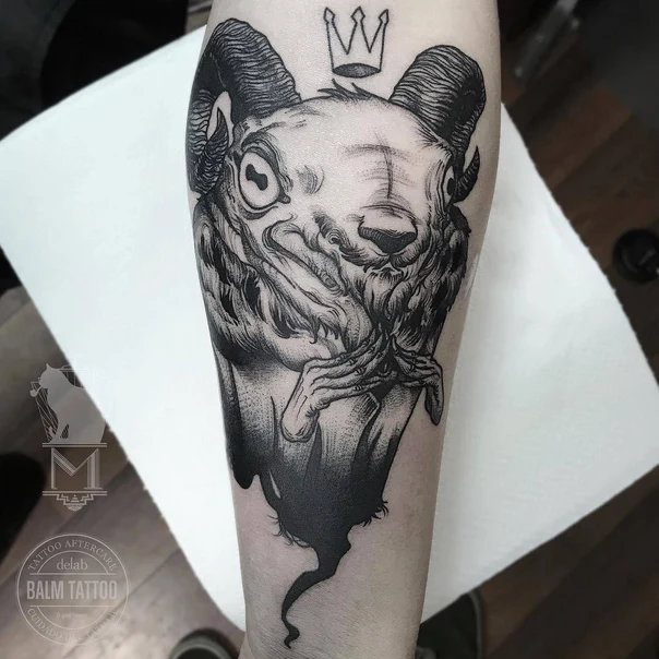 Blackwork Goat, Crown tattoo on Forearm