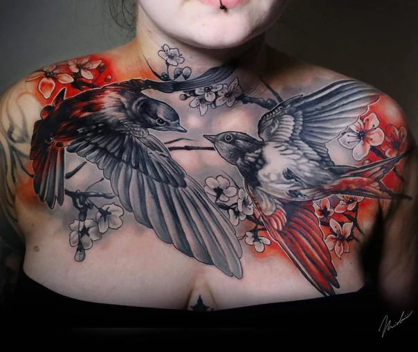 Realism Birds, Flowers tattoo on Chest