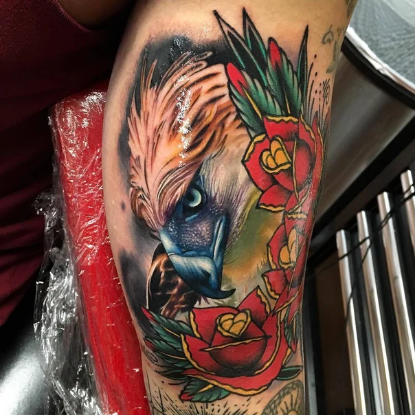 Neo Traditional Eagle, Roses tattoo on Forearm