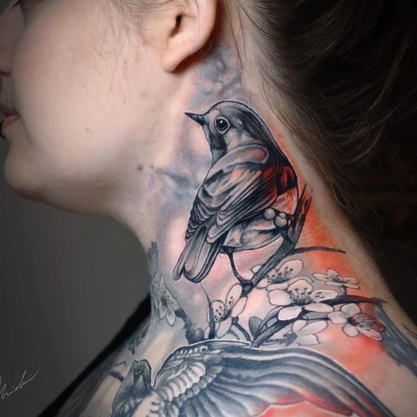 Realism Bird, Flowers tattoo on Neck