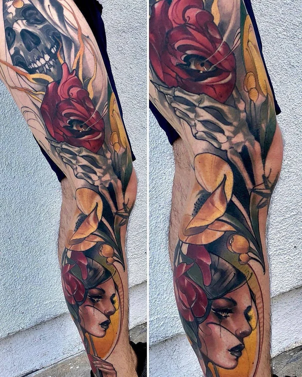Illustrative Skull, Rose tattoo on Calf