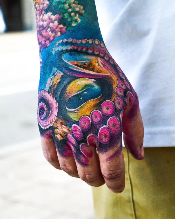 Illustrative Octopus, Underwater tattoo on Hand