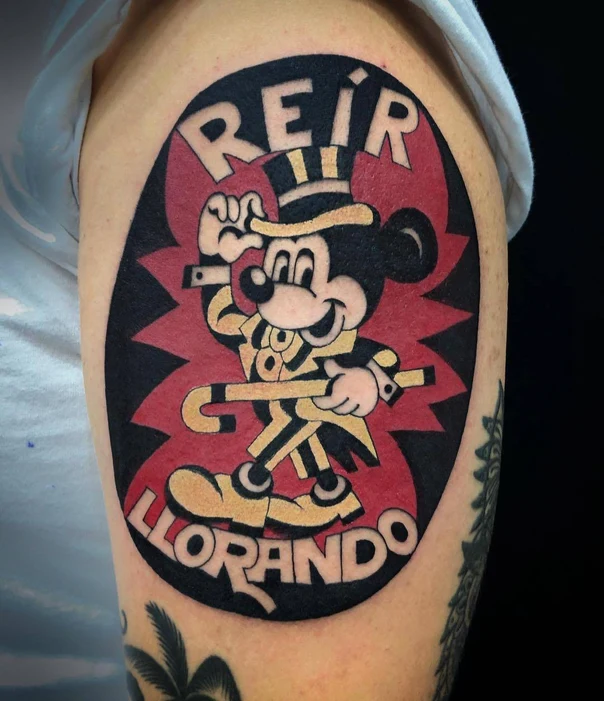 Old School Mickey mouse, Lettering tattoo on Bicep