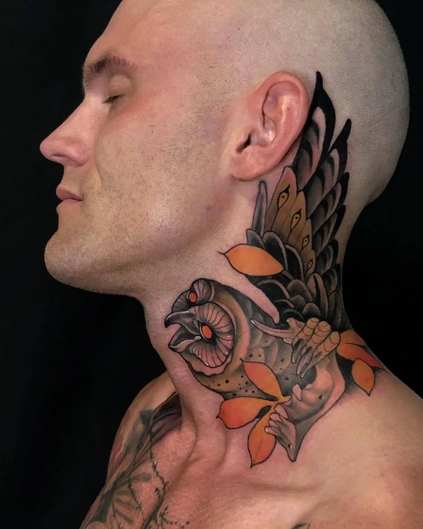 Neo Traditional Owl, Floral tattoo on Neck