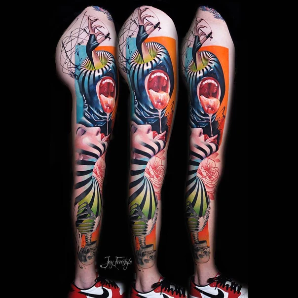 Surrealism Face, Rose tattoo on Full Leg