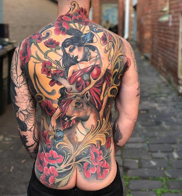 Neo Traditional Woman, Deer tattoo on Full Back