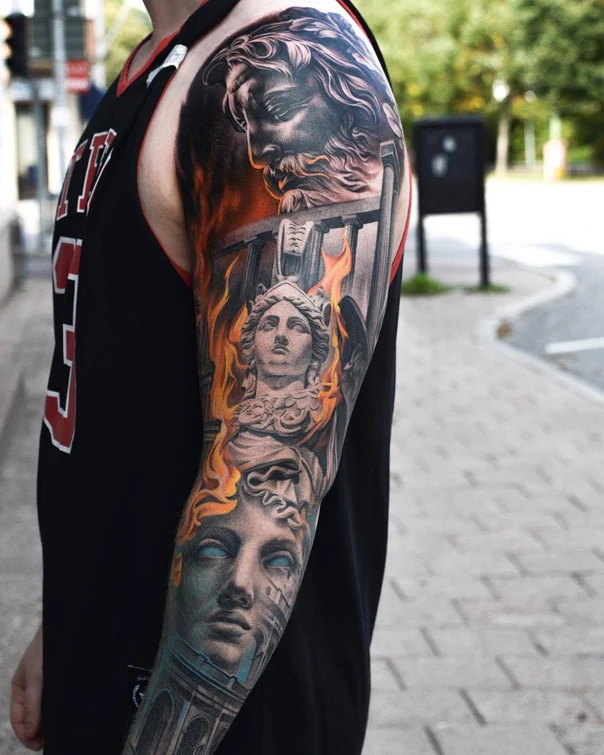 Realism Statues, Fire tattoo on Full Sleeve