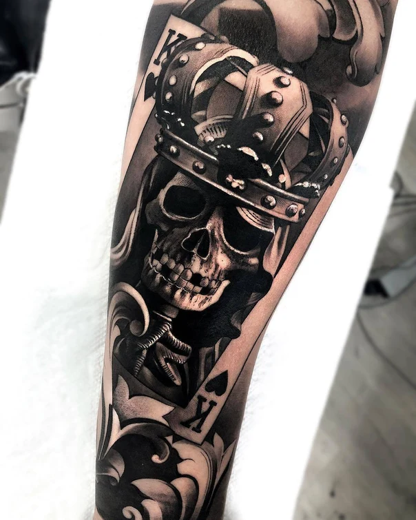 Black & Grey Skull, Crown tattoo on Forearm