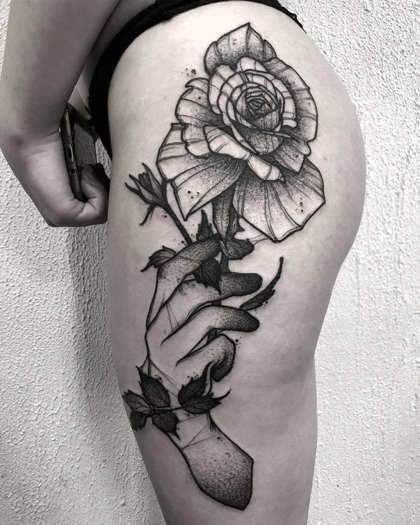 Blackwork Rose, Hand tattoo on Thigh
