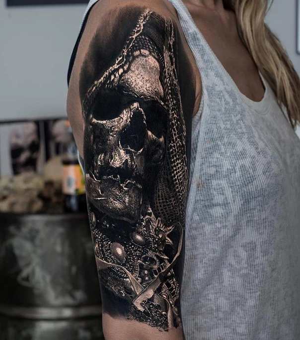 Black & Grey Skull tattoo on Full Sleeve