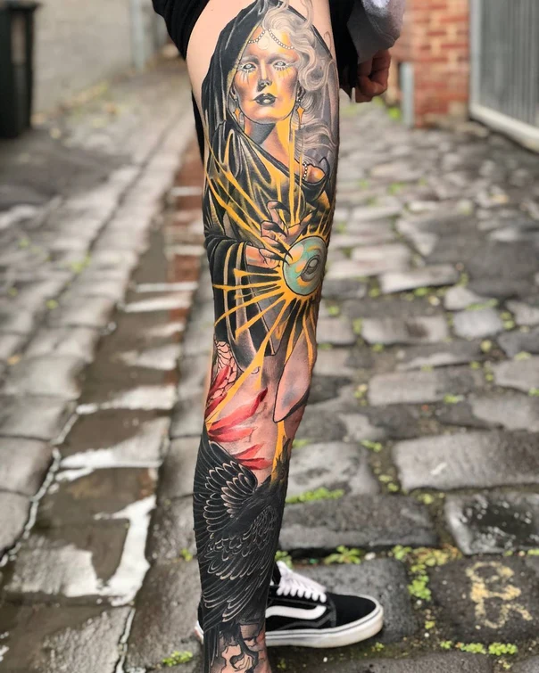 Illustrative Portrait, Crow tattoo on Full leg