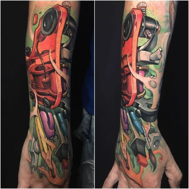 Illustrative Tattoo machine, Art supplies tattoo on Forearm