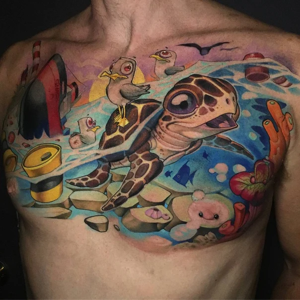 Cartoon Turtle, Birds tattoo on Chest