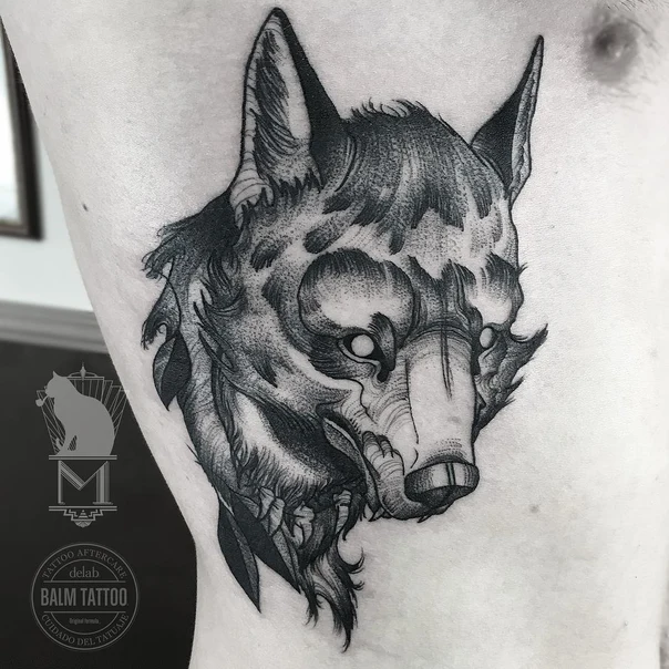 Blackwork Wolf tattoo on Side