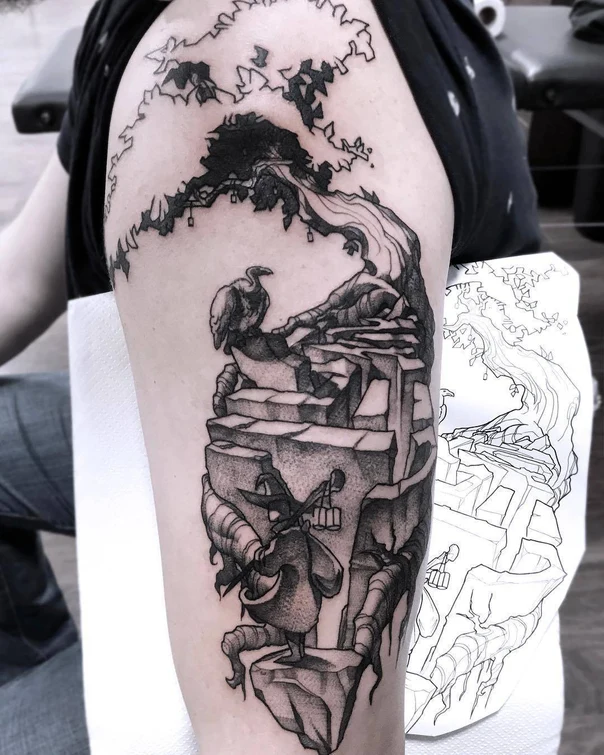 Blackwork Tree, Bird tattoo on Upper Arm