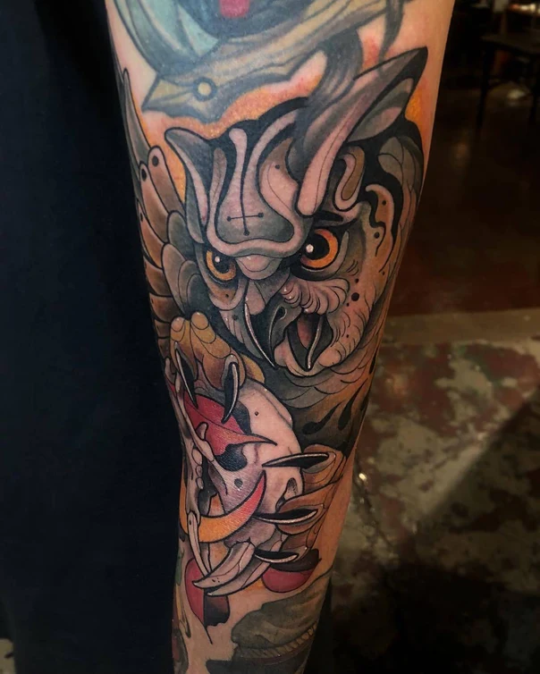 Neo Traditional Owl, Skull tattoo on Forearm