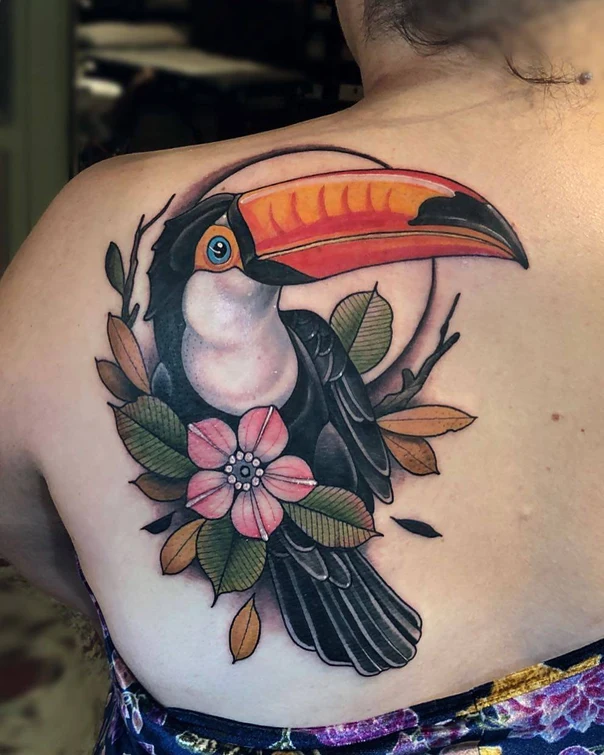 Neo Traditional Toucan, Flower tattoo on Shoulder Blade