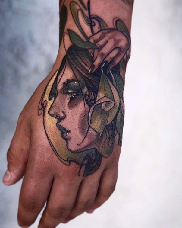 Illustrative Portrait, Floral tattoo on Back of Hand