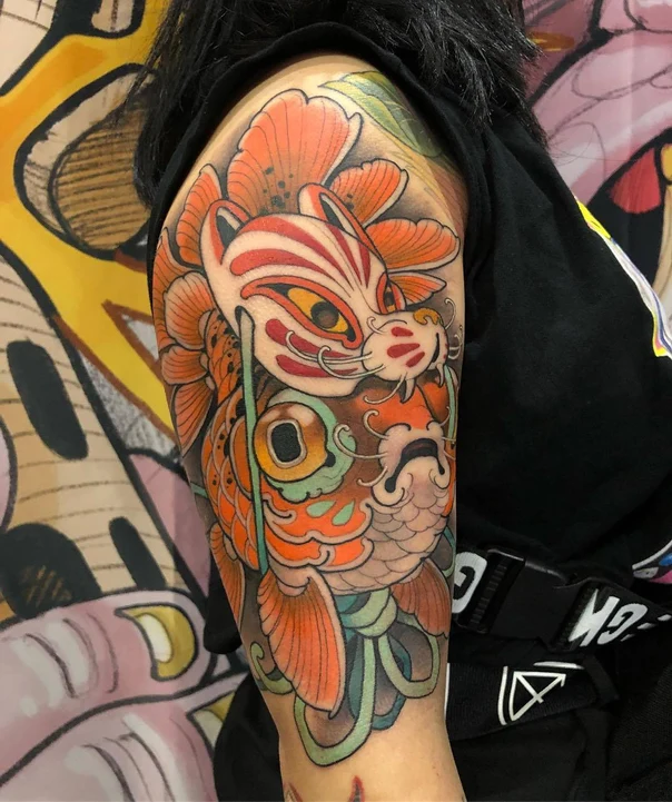 Japanese Fish, Mask tattoo on Full Sleeve