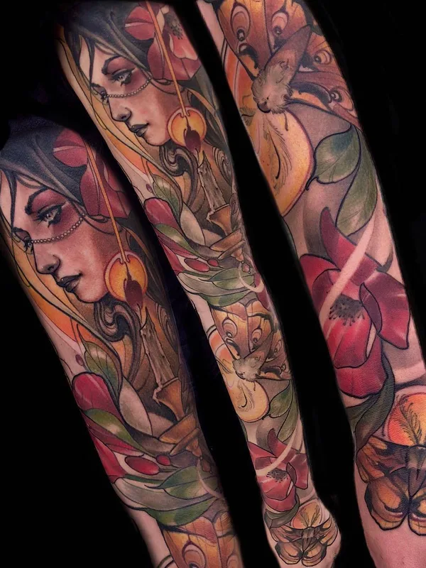 female color illustrative 纹身 在 full sleeve #26769 | 纹身师 Matt Tischler