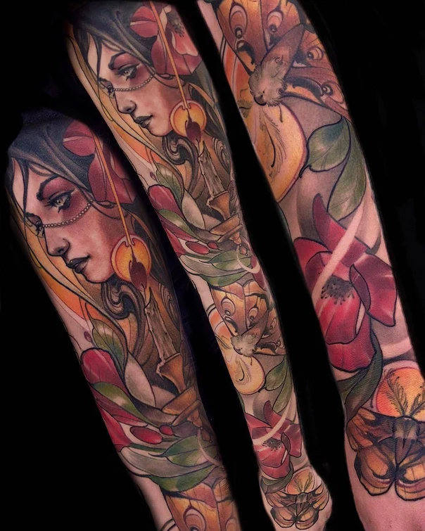 Illustrative Portrait, Flowers tattoo on Full Sleeve