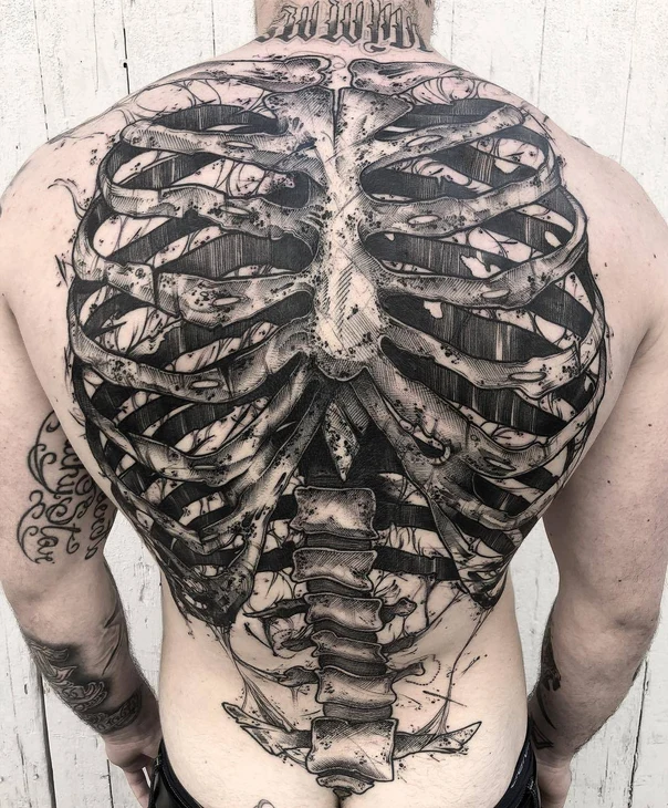 Blackwork Skeleton, Ribcage tattoo on Full Back